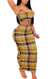Blue Sexy Plaid Print Patchwork Spaghetti Strap Sleeveless Two Pieces