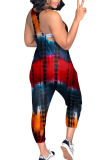 Red Casual Print Patchwork Pocket Spaghetti Strap Loose Jumpsuits