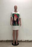 Black Casual Bat sleeve Short Sleeves O neck Step Skirt Knee-Length Print head portrait Print Dres