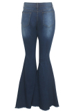 Dark Blue Denim Button Fly Sleeveless High Hole Solid washing Patchwork Boot Cut Pants 