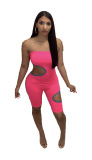 Pink Sexy Solid Ripped Patchwork Strapless Skinny Rompers