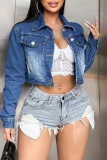 Blue Embroidery Butterfly Turndown Collar Long Sleeve Buttons Casual Croped Denim Jacket