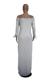 Grey Casual Off The Shoulder 3/4 Length Sleeves One word collar Straight Ankle-Length Print Casual Dress