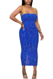Black Fashion Sexy adult Ma'am Spaghetti Strap Sleeveless Slip Step Skirt Mid-Calf diamonds Dresses