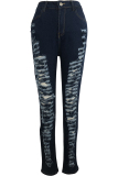 Blue Denim Zipper Fly Button Fly High Hole Zippered Pocket washing pencil Pants Pants