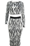 Black and white Sexy Two Piece Suits Patchwork Striped Hip skirt Long Sleeve Two-Piece Dress