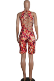 Grey Sexy Hollow Asymmetrical Camouflage Backless Print Chemical fiber blend Sleeveless O Neck Rompers