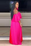 rose red Sexy Fashion Off The Shoulder Short Sleeves One word collar Pleated Floor-Length split asy