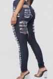 Blue Denim Zipper Fly Button Fly High Hole Zippered Pocket washing pencil Pants Pants