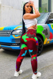 Red Button Fly Mid Patchwork camouflage Print pencil Pants Pants