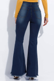 Dark Blue Denim Button Fly Sleeveless High Hole Solid washing Patchwork Boot Cut Pants 