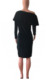 Red Street Off The Shoulder Long Sleeves One word collar Asymmetrical Knee-Length Solid asymme