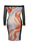 multicolor adult Fashion Sexy Off The Shoulder Long Sleeves One word collar Step Skirt Knee-Length Pr