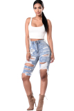 Blue Denim Zipper Fly Button Fly High washing Hole Zippered Pocket Straight Capris Shorts