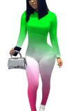 Fluorescent green Casual Print Long Sleeve O Neck Jumpsuits