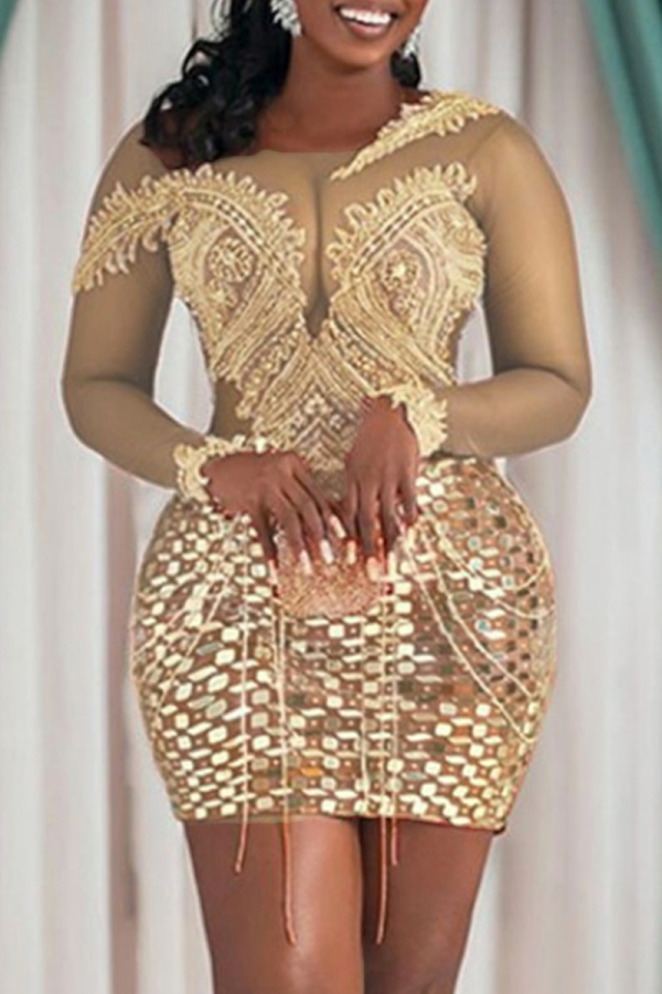 Sliver Sleeveless Sequins Deep V-Neck Intricate Beading Long Sleeve Evening Party Gown Bodycon Glitter Prom Mini Dress
