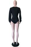 Black Fashion Sexy Solid Milk. Long Sleeve V Neck 