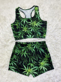 Blue Sexy Print Straight Sleeveless Two Pieces
