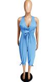 Light Blue Fashion Sexy Solid Patchwork Sleeveless V Neck 