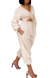 Rose Red Casual Solid Patchwork Fold Asymmetrical V Neck Long Sleeve Two Pieces