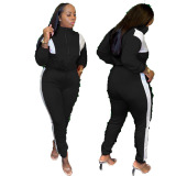 Black Casual Solid Patchwork Zipper Collar Long Sleeve Two Pieces