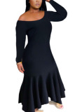 Black Sexy Europe and America One Shoulder Long Sleeves One word collar A leaf skirt Ankle-Length Print Draped backless asymmetrical Dresses