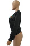 Black O Neck Patchwork Letter Print Print Long Sleeve 