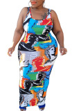 Multi-color Street Print Patchwork U Neck Pencil Skirt Plus Size Dresses