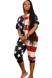 Navy Blue Fashion Sexy zipper Print Patchwork Short Sleeve Hooded Rompers