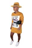 Khaki Casual Fashion adult Cap Sleeve Long Sleeves O neck Step Skirt Mini Print Long Sleeve Dre
