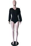 Black Fashion Sexy Solid Milk. Long Sleeve V Neck 