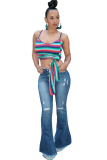 Blue Denim Button Fly Zipper Fly High Solid Zippered Pocket Boot Cut Pants 