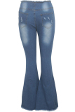 Blue Denim Button Fly Zipper Fly High Solid Zippered Pocket Boot Cut Pants 