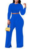Blue Casual Solid Patchwork O Neck Plus Size Two Pieces