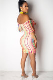 Multi-color Sexy Fashion Off The Shoulder Short Sleeves One word collar Step Skirt Knee-Length Print a
