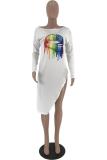 White O Neck Nine Sleeves Print Lips Print Zippered Split Tees & T-shirts