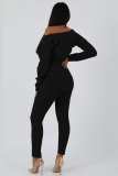 Pink Elastic Fly Long Sleeve Mid Solid pencil Pants Two-piece suit