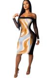 multicolor adult Fashion Sexy Off The Shoulder Long Sleeves One word collar Step Skirt Knee-Length Pr