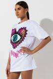 White Fashion Casual Cap Sleeve Short Sleeves O neck Slim Dress Mini Character eye asymmetrical