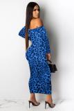 Blue Fashion adult Sexy Cap Sleeve Long Sleeves One word collar Step Skirt Mid-Calf bandage Leo
