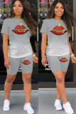 Grey Fashion Casual adult Ma'am Print Gradient Two Piece Suits Lips Print Straight Short Sleeve Two Pieces