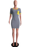 Yellow Sexy Fashion Cap Sleeve Short Sleeves O neck Step Skirt skirt Patchwork Pocket Print Strip