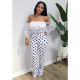 White venetian Street Dot Mesh perspective Draped Boot Cut Half Sleeve Two Pieces