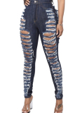 Blue Denim Zipper Fly Button Fly High Hole Zippered Pocket washing pencil Pants Pants