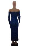 Blue Fashion adult Sexy Cap Sleeve Long Sleeves One word collar Step Skirt Mid-Calf bandage Leo
