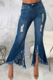 Dark Blue Fashion Sexy Tassel Ripped Slit Pants High Waist Boot Cut Denim