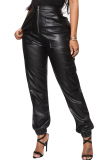 Black PU Zipper Fly Mid Zippered Solid Straight Pants Pants