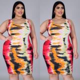 Multi-color Sexy Tank Sleeveless O neck A-Line skirt Tie and dye Dresses