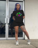 Black Fashion Casual Active Letter Lips Print Short Sleeve Two Pieces