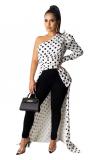 White One Shoulder Collar Long Sleeve asymmetrical Dot Print Slim fit Patchwork Long Sleeve Top